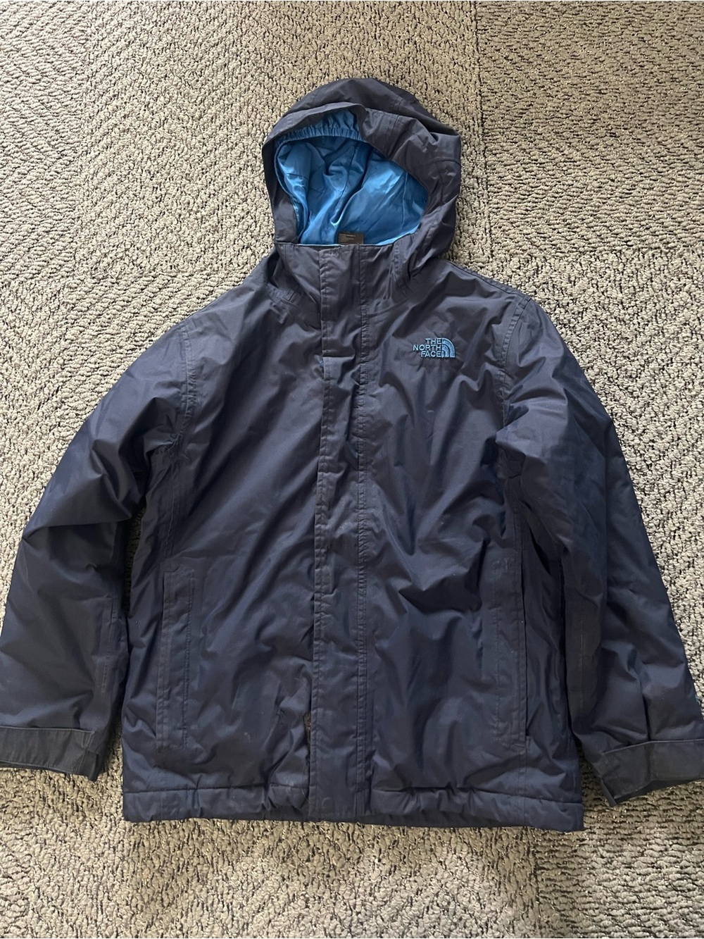 The North Face Kids Medium Navy Rain Jacket with Light Blue Lining
